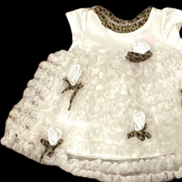Nanette Baby Fancy Dress Off White Layered Ruffle Rose Bud Leopard Accent O-3 M - Picture 3 of 14